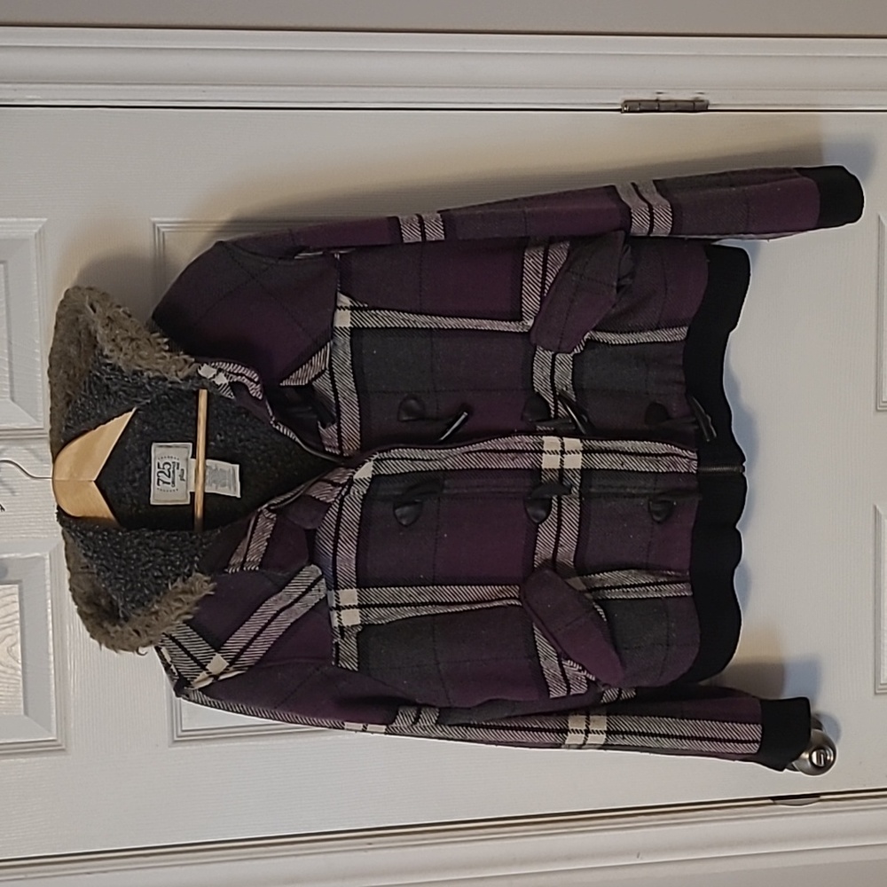 Purple Plaid Fur hooded Warm Jacket